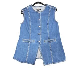 Talbots Vest Womens 4 Blue Denim Button Front Longline Sleeveless Collarless